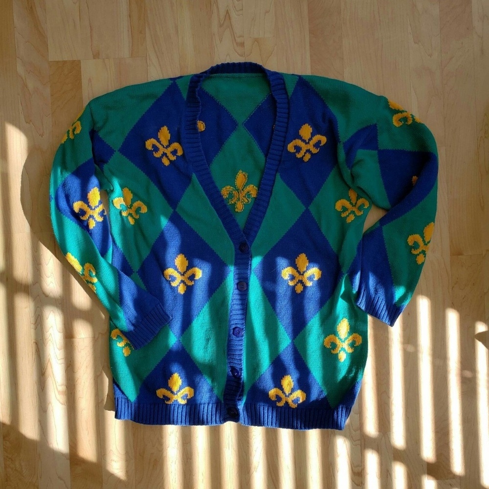 Vintage Blue & Teal Knit Cardigan with Marigold Fl